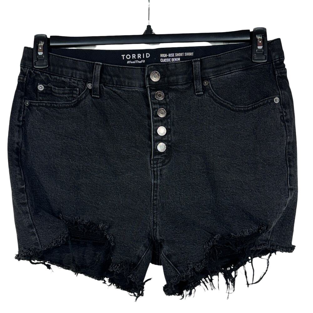 Torrid SZ 12 Hi-Rise Jean Shorts Distressed Stretch Frayed Hems Button-Fly Black